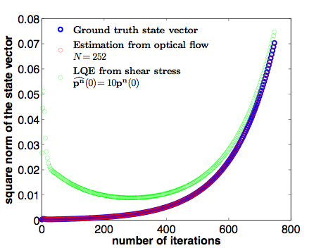 Comparison of state vector estimations using shear stress and optical flow for a LQE poor initialization